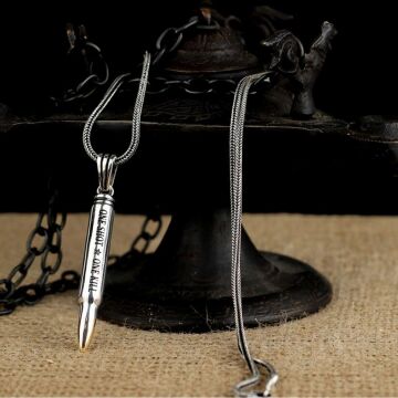 Mermi Tasarımlı One Shot One Kill Yazılı 925 Ayar Gümüş Kolye 60 CM