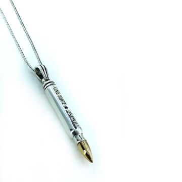 Mermi Tasarımlı One Shot One Kill Yazılı 925 Ayar Gümüş Kolye 60 CM