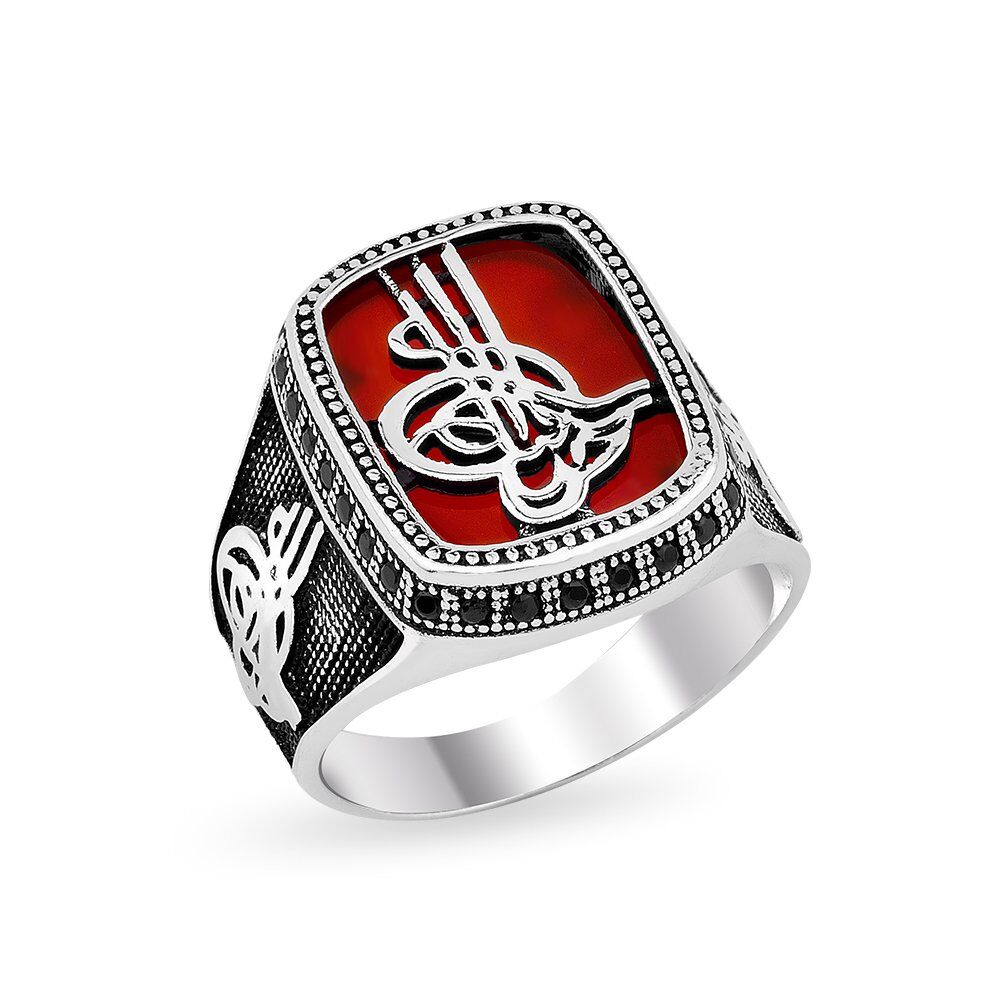 925 Ayar Gümüş Akik Taşlı Tuğra Model Yüzük