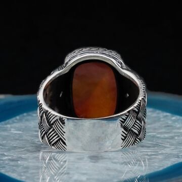 Dikdörtgen Kırmızı Akik Taşlı Örgü Desenli Erkek Gümüş Yüzük