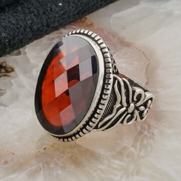 925 Ayar Gümüş Kırmızı Zirkon Taşlı Gümüş Erkek Yüzük Model 2