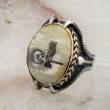 Sedef Taşlı Pençeli Osmanlı Tuğralı Gümüş Yüzük