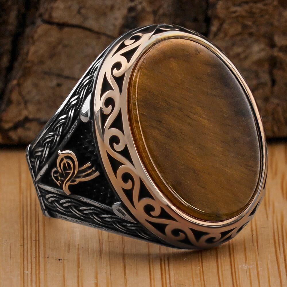 Kaplangözü Taşlı Tuğra Detaylı 925 Ayar Gümüş Yüzük