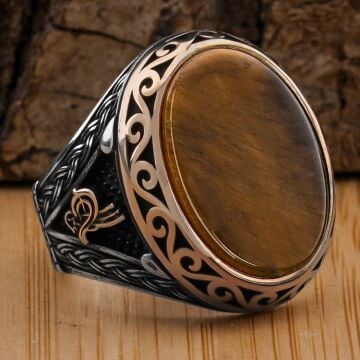 Kaplangözü Taşlı Tuğra Detaylı 925 Ayar Gümüş Yüzük