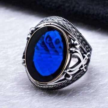 925 Ayar Gümüş Mavi  Zirkon Taşlı Kılıç Detaylı Yüzük