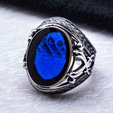 925 Ayar Gümüş Mavi  Zirkon Taşlı Kılıç Detaylı Yüzük