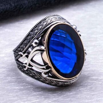 925 Ayar Gümüş Mavi  Zirkon Taşlı Kılıç Detaylı Yüzük