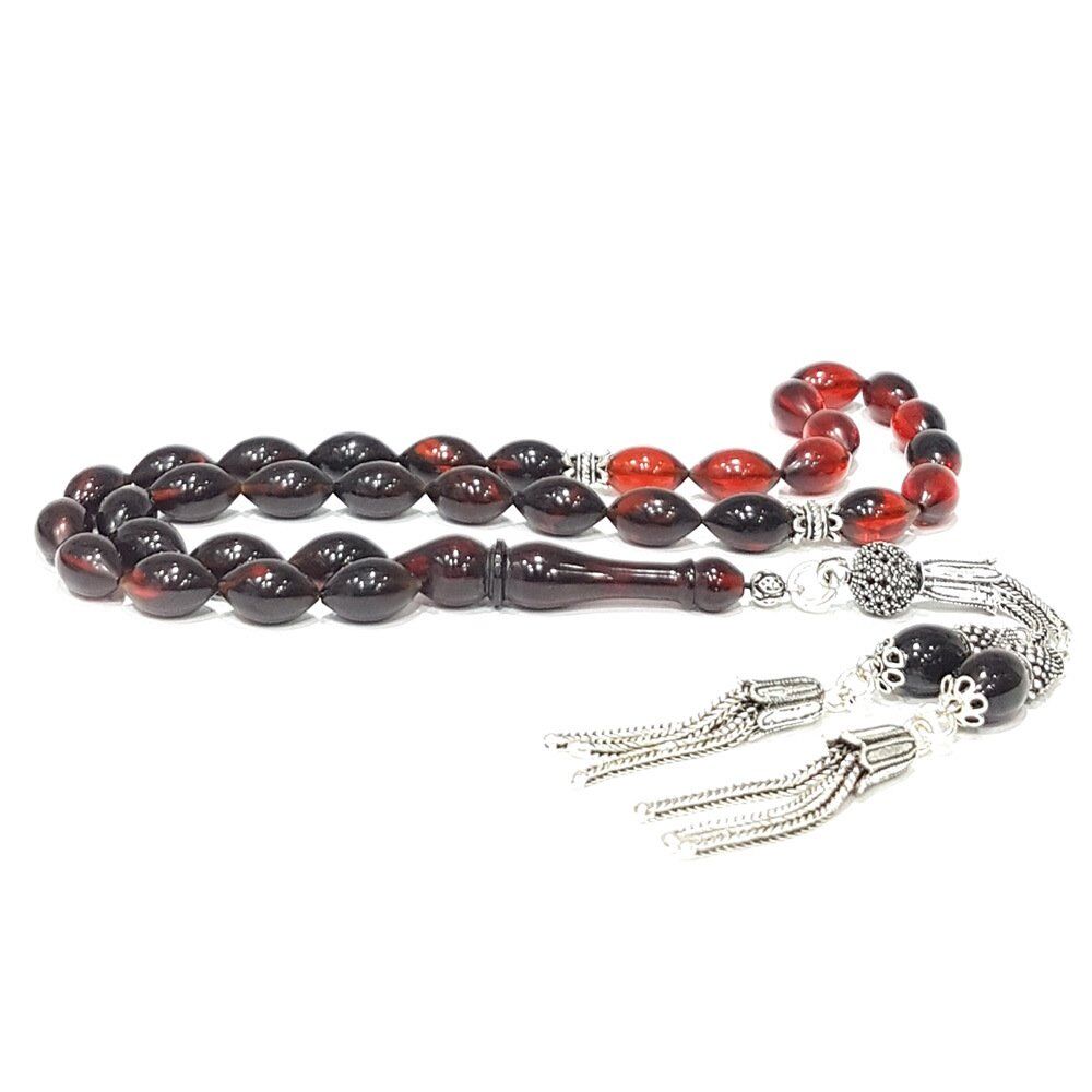 925 Ayar Gümüş Püsküllü Arpa Kesim Sıkma Kehribar Tesbih Model-2