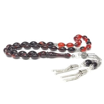 925 Ayar Gümüş Püsküllü Arpa Kesim Sıkma Kehribar Tesbih Model-2