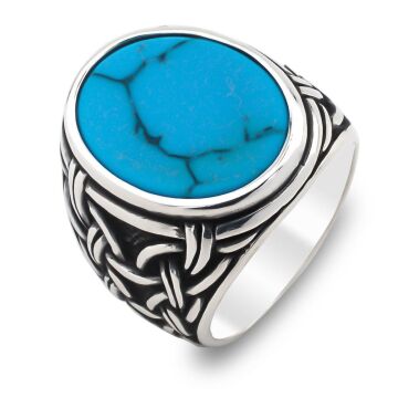 Mavi Turkuaz Taşlı Örgü Desenli 925 Ayar Gümüş Erkek Yüzük