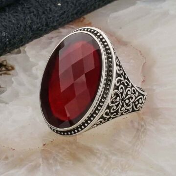 925 Ayar Gümüş Kırmızı Zirkon Taşlı Gümüş Erkek Yüzük Model 3