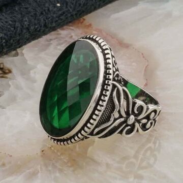 925 ayar Gümüş Yeşil Zirkon  Taşlı Erkek Yüzük