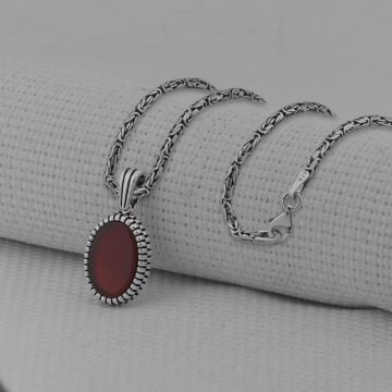 Akik Taşlı Oval Kesim 925 Ayar Erkek Gümüş Kolye