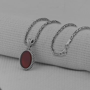 Akik Taşlı Oval Kesim 925 Ayar Erkek Gümüş Kolye