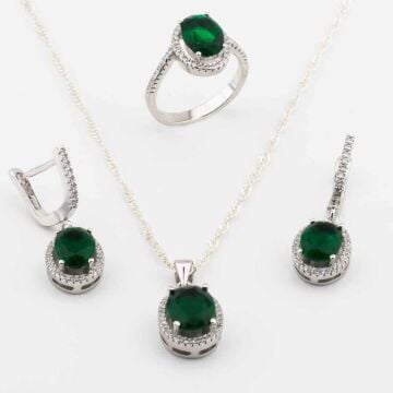 925 Ayar Gümüş Yeşil Zirkon Taşlı  Yuvarlak Model Bayan Set