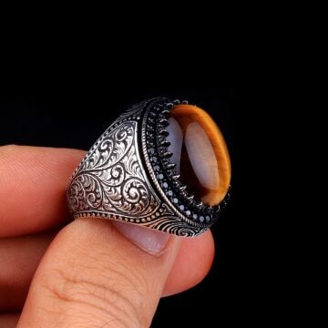 925 AYAR GÜMÜŞ KAPLANGÖZÜ TAŞLI KALEM MOTİFLİ YÜZÜK