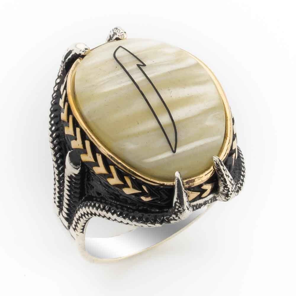 Sedef Taşlı Pençeli  Elif Desenli  Gümüş Yüzük