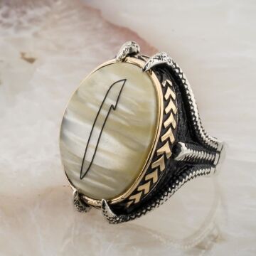 Sedef Taşlı Pençeli  Elif Desenli  Gümüş Yüzük