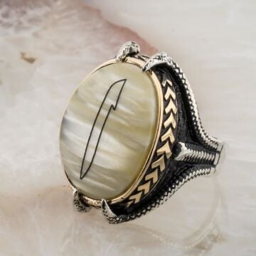 Sedef Taşlı Pençeli  Elif Desenli  Gümüş Yüzük