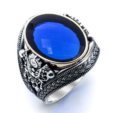 Osmanlı Tuğralı Mavi Taşlı  Gümüş Yüzük