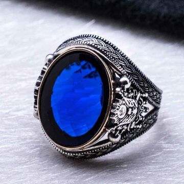 Osmanlı Tuğralı Mavi Taşlı  Gümüş Yüzük