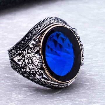 Osmanlı Tuğralı Mavi Taşlı  Gümüş Yüzük